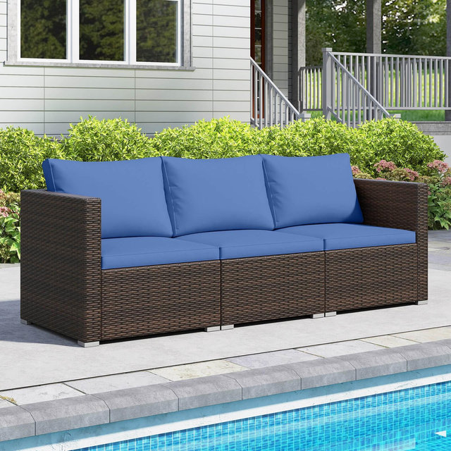 Costway 3PCS Patio Sectional Sofa Set with Right Arm Sofa & Left Arm Sofa, Soft Cushions Navy + Mix Brown