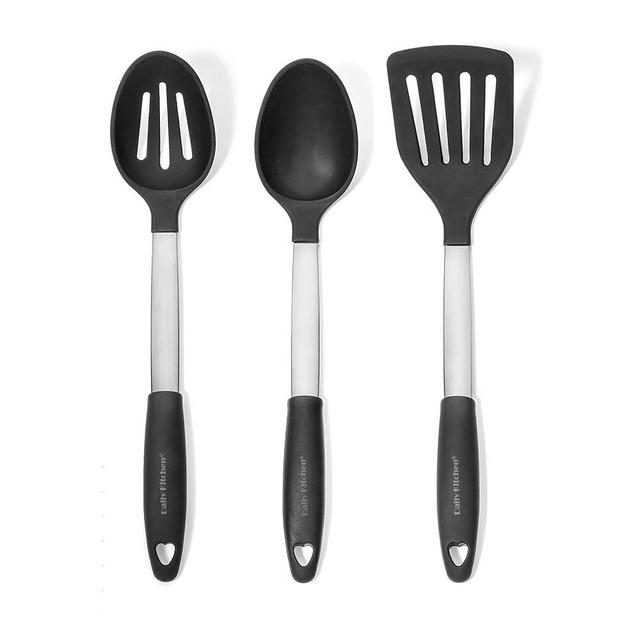 Daily Kitchen Spoons and Spatula Set Heat Resistant Silicone and Stainless Steel - Spoons and Slotted Turner with Rubber Grip - Flexible Silicon Spatulas and Spoon for Non Stick Cookware - 3-Piece Set