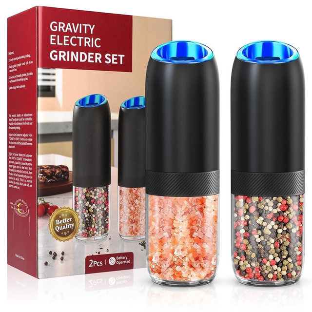 BoAn Gravity Electric Pepper and Salt Grinder Set Upgraded,Battery Operated Salt and Pepper Grinder Set,Ceramic Larger Salt Grinder Refillable, Adjustable Spice Grinder for Kitchen BBQ Gifts (Black)