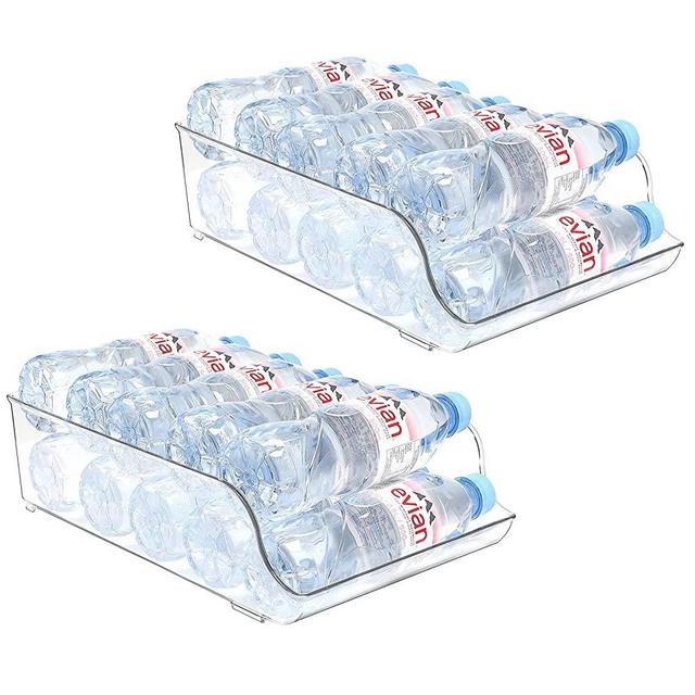 Puricon 2 Pack Clear Plastic Water Bottle Storage Organizer Bin, Storage Dispensers Holder Up to 9 Pack 16.9 oz Water Bottle for Refrigerators, Fridge, Freezers, Cabinets, Pantry -BPA Free