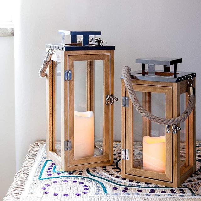 Lights4fun, Inc. Set of 2 Wooden Battery Operated LED Flameless Candle Lanterns
