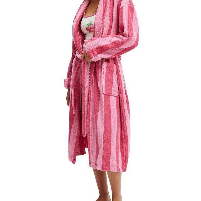 Womens Robe Plush Fluffy Cute Comfy Long Bathrobe Warm Fleece Thick Nightgown Striped Graphic Housecoats