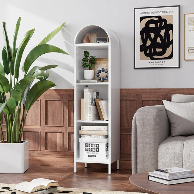 METALYEYE 63''H Narrow Arched Bookshelf,4-Tier Metal Arch Bookcase,Freestanding Storage Organizer with 2 Shelves,Open Display Shelves for Living Room,Entryway,Bathroom,White,Assembly Required