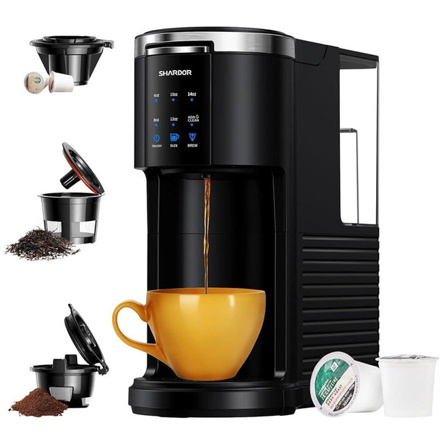 SHARDOR 3 in 1 Single Serve Coffee Maker for K Cup Pods & Ground Coffee & Teas, 6 to 14oz Brew Sizes, with 40oz Removable Water Reservoir, Self-cleaning Function, Black