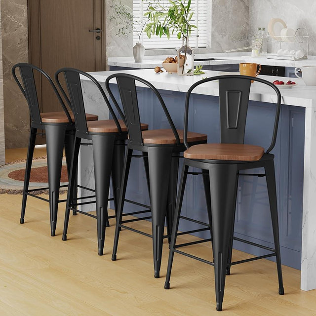 Alunaune 24" Swivel Metal Bar Stools Set of 4 High Back Counter Height Barstools Industrial Dining Bar Chairs with Large Wooden Seat-Matte Black