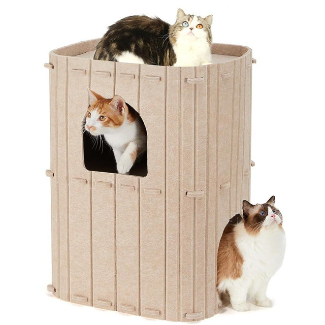 FUKUMARU Cat House for Indoor Cats, 2-Storey Large Cat Bed Cave, Cozy Felt Covered Cats Tunnel Condo Hideaway for Multicats, 17.72x14.37x23.62 inches, Beige