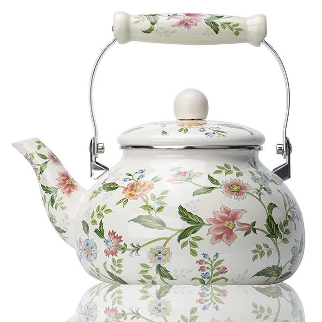 OLYTARU Enamel Teapot floral,Large Porcelain Enameled Teakettle,Colorful Water Tea Kettle pot for Stovetop,Small Retro Classic Design (style01 Growing)