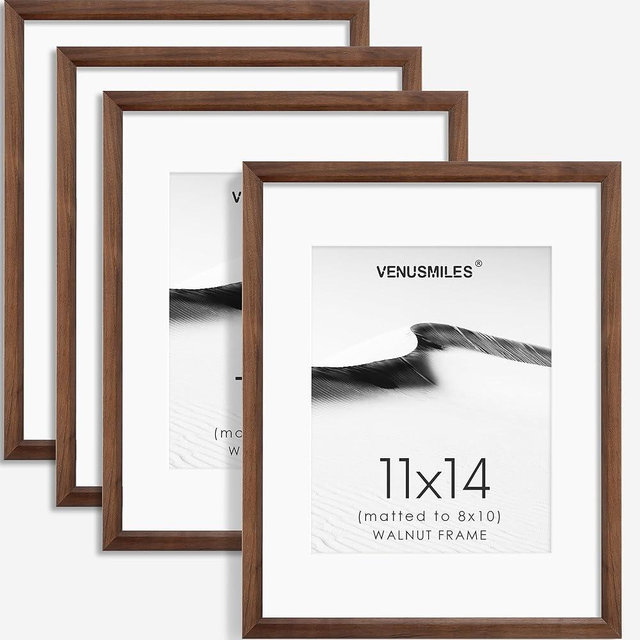 Venusmiles 11x14 Picture Frame Set of 4 Natural Solid Walnut Photo Frames with 8x10 Removable Mat Wall Hanging Large Handcrafted Frame with HD Plexiglass Wall and Tabletop Display Large Poster Frame