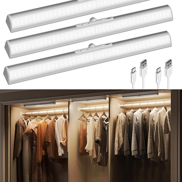 EZVALO 17-Inch LED Motion Sensor Closet Lights, 3600mAh Rechargeable Battery Operated, 150 Lumens No-Glare Curved, 3 Color Temperatures & Dimmable Wardrobe Lights for Panty & Shelves - 3Pack