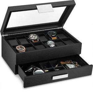 Men's Watch Box Organizer With Valet Drawer - 12 Slots