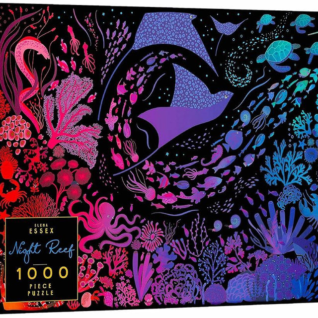 Elena Essex Puzzles for Adults 1000 Pieces - Night Reef | 1000 Piece Puzzle for Adults | Jigsaw Puzzles 1000 Pieces | Coral Reef Ocean Shark Puzzle | Puzzles Size 28x20 inches