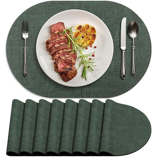 BARTHKIT Placemats Set of 8 - Washable Heat Resistant Table Placemats - Wipeable Faux Leather Oval Place Mats, Waterproof Table Mats for Dining Table, Green