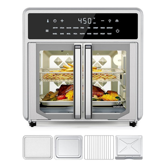 Kitchen Elite Air Fryer French Door Oven,15.8 Qt Toaster Oven Countertop Combo,18 Presets & 1 Preheat & Light, Airfryer Basket,Wire Rack,Baking Pan,Crumb Tray,Compact Design,Stainless Steel,Small