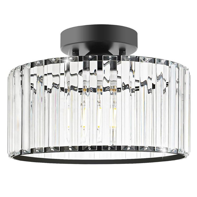 Crystal Ceiling Light Fixture, Modern Semi Flush Mount Ceiling Light, Black Close To Ceiling Light Fixtures, Crystal Chandelier Entryway Light, 11in Chandelier for Bedroom Porch Kitchen Living Room