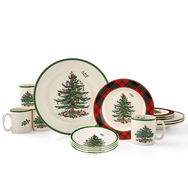 Spode Christmas Tree Tartan Dinnerware Set | 16-Piece Dish Set| Service for 4| Dinner and Salad Plates, Coffee Mugs, and Cereal Bowls| Holiday Dishes| Dishwasher Safe