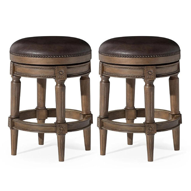 Maven Lane Pullman Backless Counter Stool 26 Inches - Set of 2 - Swivel Stools with Footrest - Brown Solid Wood Frame & Beige Faux Leather Upholstery - Perfect for Kitchen Islands & Counters