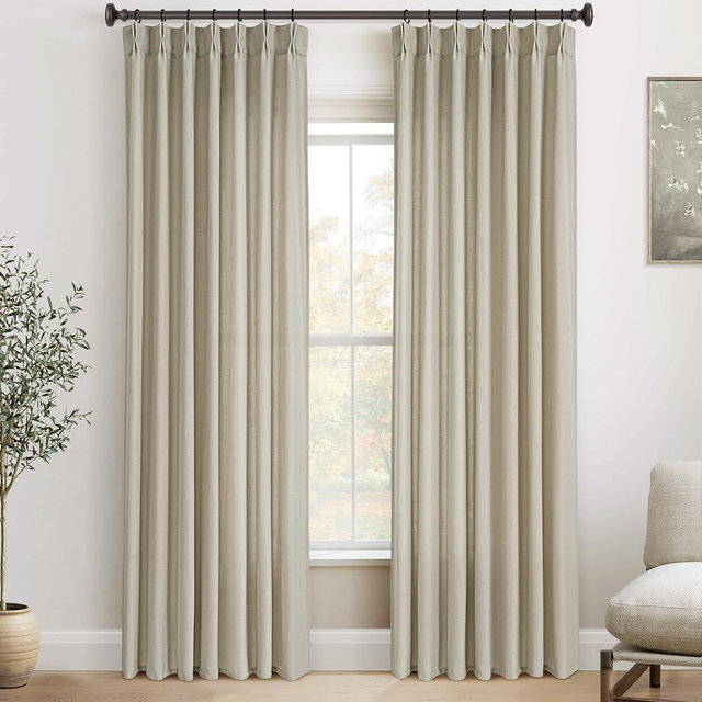 90 inch Long Pinch Pleat linen curtains with Clips for Bedroom Semi Sheer Light Filtering Pleated Curtains Pencil Look Burlap Textured Neutral Country Rustic Curtain Drapes for Dining Room Taupe