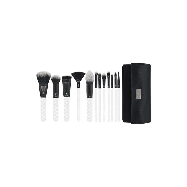 MODA Brush Pro Full Face 13pc White Makeup Brush Kit with Wrap, Includes Flat Powder, Highlight, and Crease Makeup Brushes
