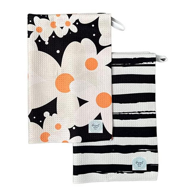 Desert Aqua 2 Pack || Not Your Ordinary Kitchen Towels || Dish Towels || Tea Towels || Waffle Weave Microfiber || Designer Prints || Highly Absorbent || Hanging Hook (Black Daisy)