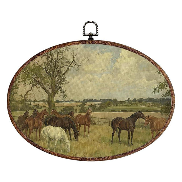Vintage Horse Oval Framed Wall Art, Nature Landscape Picture Canvas Art Painting Wall Decor, Rustic Cottagecore Hanging Decor Print Artwork for Home Bathroom Living Room Bedroom Farmhouse 12X8.3