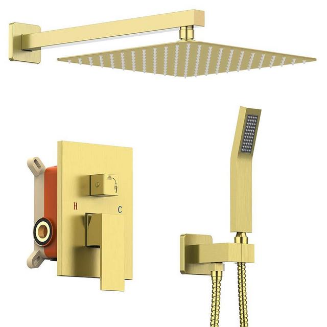 KOJOX Shower System Bathroom Luxury 12 Inch Rain Shower Head with Handheld Mixer Shower Combo Set Wall Mounted Shower Faucet Trim with Valve Brush Gold