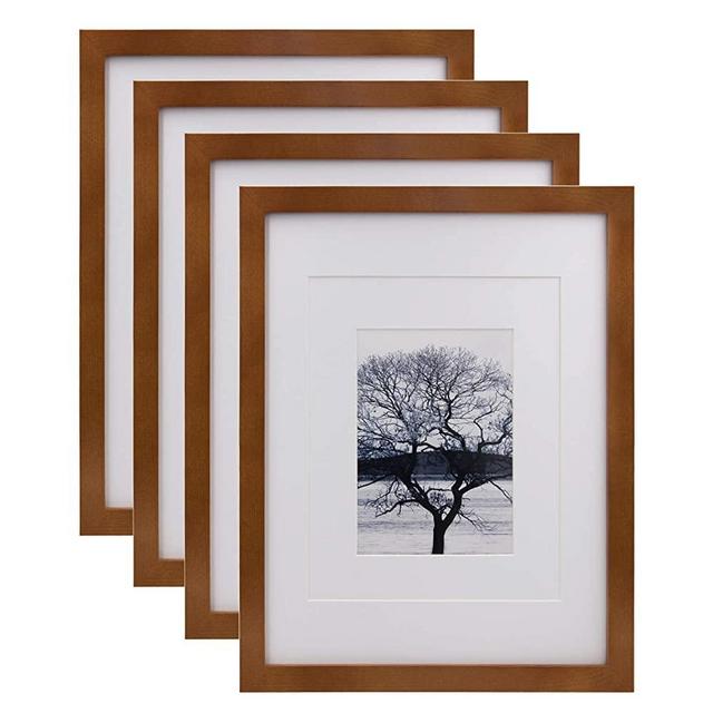 Egofine 11x14 Picture Frames 4 Pack Display Pictures 5x7/8x10 with Mat or 11x14 Without Mat Made of Solid Wood for Table Top Display and Wall Mounting Photo Frame, Light Brown