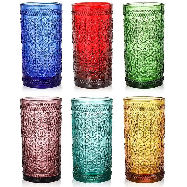 ZOOFOX Set of 6 Colored Drinking Glasses, 12oz Embossed Tumblers