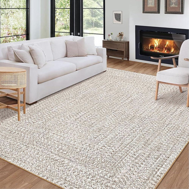 ROYHOME 8x10 Area Rug Machine Washable Rug for Living Room Print Braided Accent Rug Stain Resistant Non-Slip Carpet Rug Farmhouse Solid Printed Textured Floor Cover for Home Decor, Beige/Grey