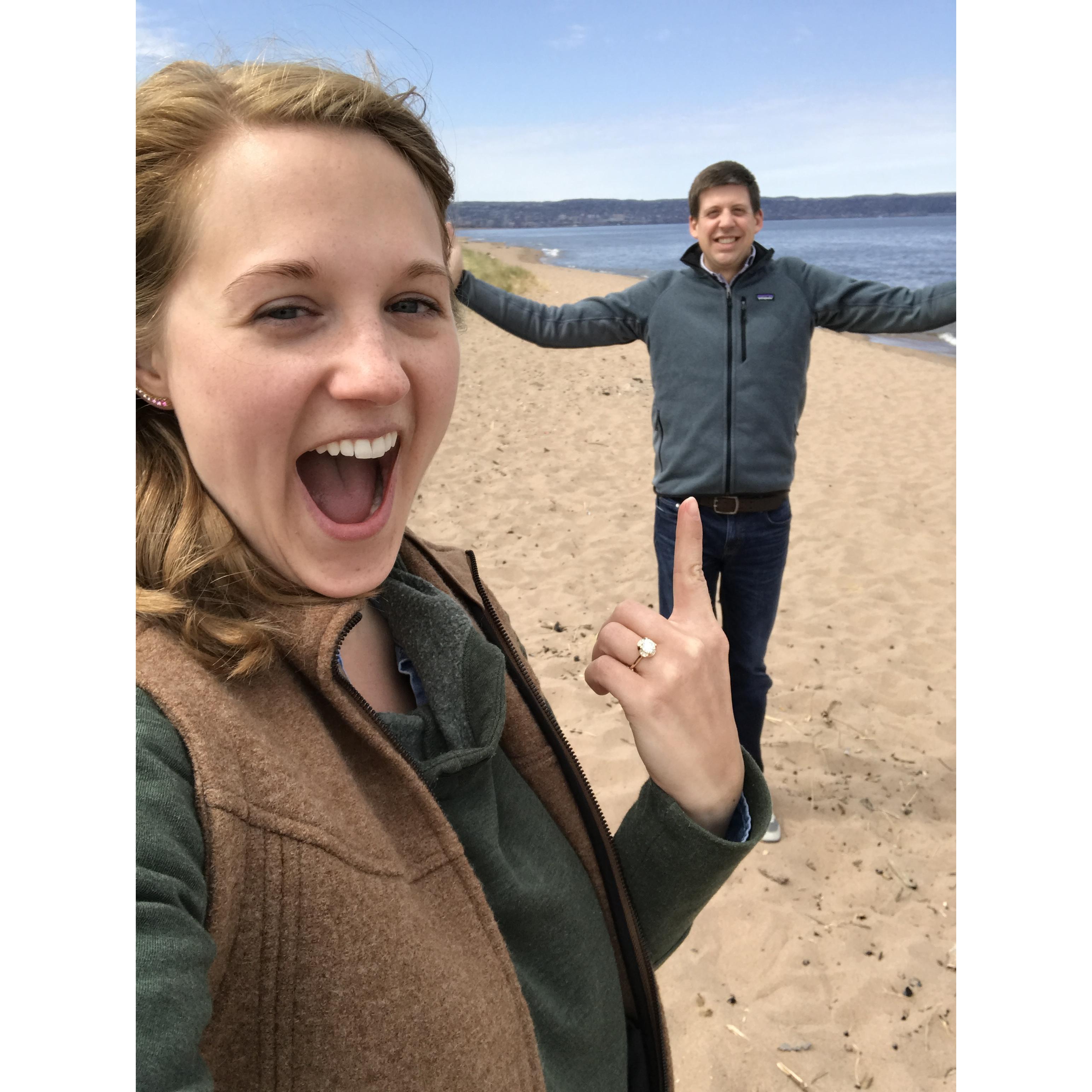 Kara and Ben on the beach at Lake Superior just minutes after he proposed.