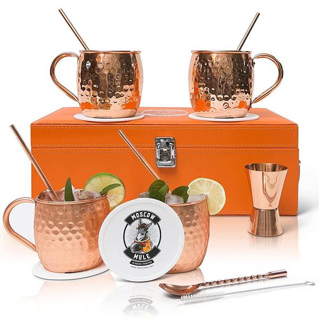Vero Crest Copper Moscow Mule Cups Set of 4 - Handcrafted Moscow Mule Copper Mugs with Silicone Handle Grips, Cocktail Recipe Book, Silicone Coasters and More Bar Accessories in a Leather Gift Box