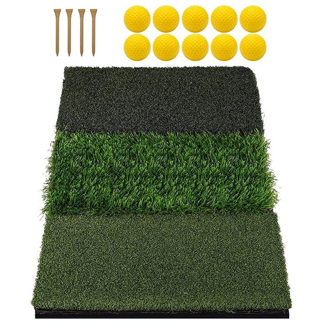Keenstone Tri-Turf Golf Hitting Mat, Portable Golf Grass Mat for Driving, Chipping Practice Training with Adjustable Tees and Foam Practice Balls, Ideal for Indoor or Outdoor Training