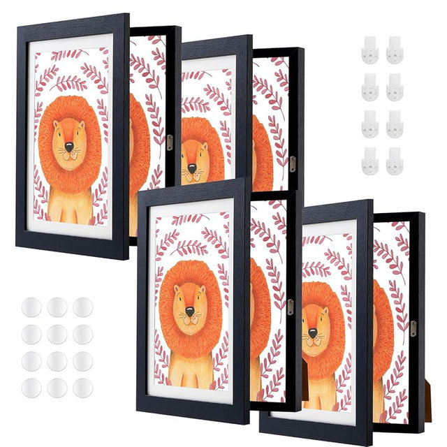 ABCHIOPQ 4 Pack Black Kids Art Frame, 8.3x11.7 hold A4 paper Front Opening Wood Kid Artwork Frames, Wall-mounted Standing Children Art Frame with Mat, Holds 100 Pcs, Drawing Display Storage