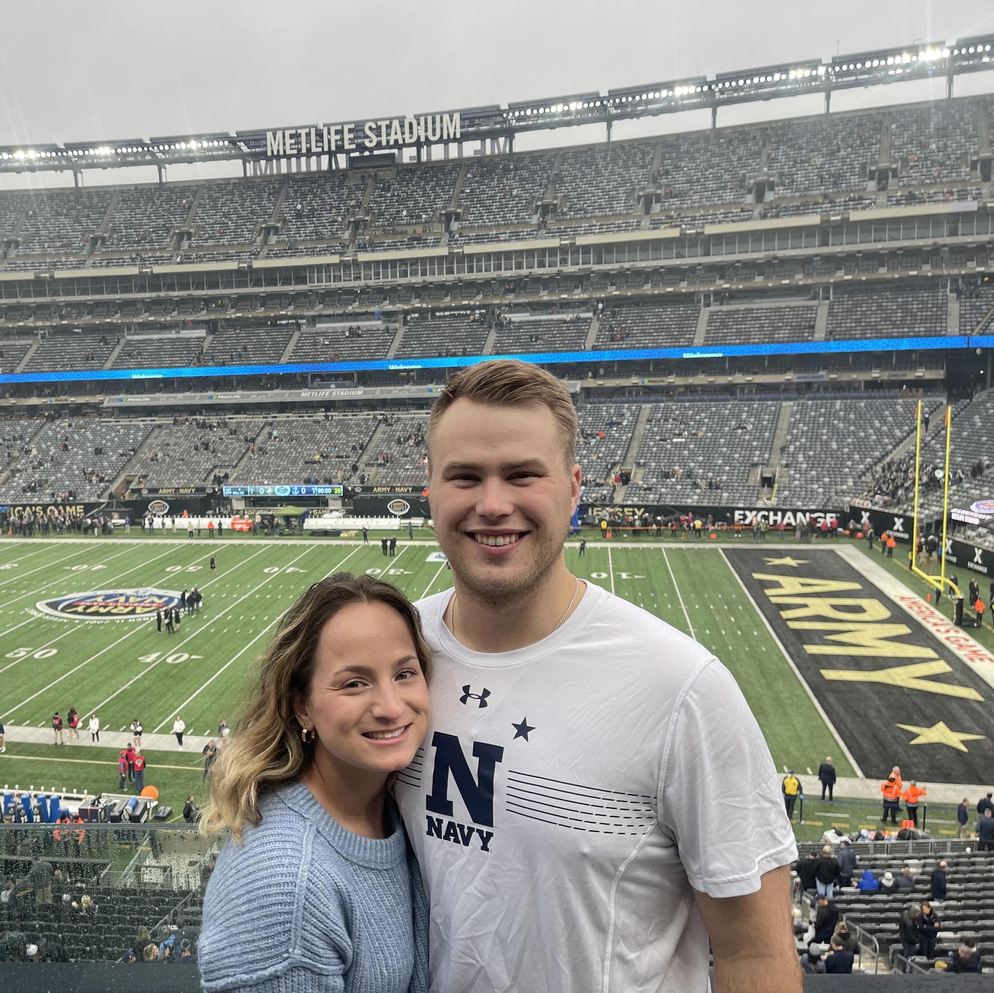 December 2021. Liam takes Shannon to her first Navy Army game! It's one of their favorite sporting events to go to. #GoNavyBeatArmy
