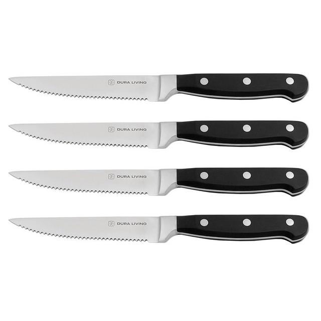 DURA LIVING Premium 4-Piece Steak Knife Set – Sharp Serrated Blades, Forged High Carbon Stainless Steel, Full Tang, Ergonomic Handle, Elegant Black Finish – Ideal for Dining & Entertaining