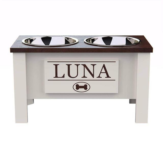 GrooveThis Woodshop - Personalized Elevated Dog Bowl Stand for Large, Medium, Small, X-Small Dogs - Stainless Steel Food and Water Bowls - Raised Dog Dish with Internal Storage (Large, Dark Walnut)
