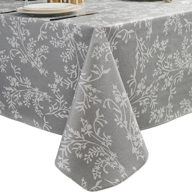 Pioggia Vinyl Tablecloth with Flannel Backing - Waterproof, Oil-Proof, Easy to Clean -Plastic Table Cloth - Perfect for Dining Tables, Kitchen Tables, Parties (Grey Leaves, 60×102 Inch Rectangular)