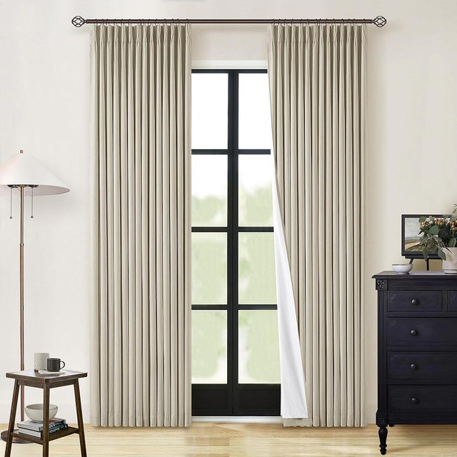 Neutral Pinch Pleated Linen Blackout Curtains 84 Inch Length 2 Panels Insulated Thermal Full Blackout Dual Layer Drapes for Bedroom Living Room Darkening Taupe Pinch Pleat Curtains with Hooks Rings