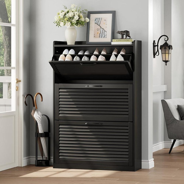 Maupvit Shoe Storage Cabinet with 3 Flip Louvered Doors, Freestanding Organizer with Metal Hinges, Shoe Cabinet for Entryway, Narrow Shoe Rack Cabinet, Black