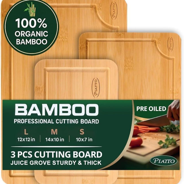 Piatto Organic Bamboo Cutting Board Set Of 3 – No Glue on Food Contact Surface And Lifetime Replacements – Wooden Cutting Boards For Kitchen – Non toxic wood – Easy To Clean By Hand