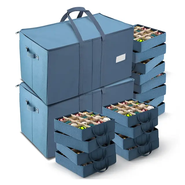 Hearth & Harbor 2 Pack Christmas Ornament Storage Box With 8 Inner Tray Dividers For 128 Ornaments - Non-Woven