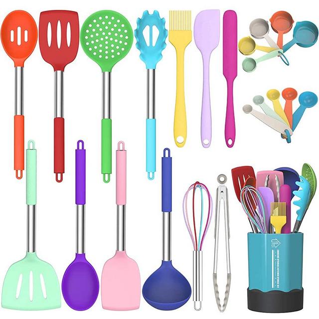 Fungun Kitchen Cooking Utensil Set, 24 pcs Non-stick Silicone Kitchen Utensils Spatula Set with Holder, Stainless Steel Handle Heat Resistant Silicone Kitchen Gadgets Utensil Set (Colorful)