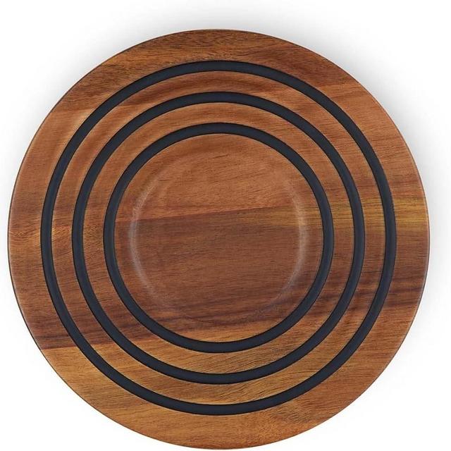 Magnetic Wooden Trivet for le creuset Dutch Oven, Acacia Wood with Black Silicone Rings, Magnetic Pot Holder Stand Pad for le creuset Enameled Cast Iron Dutch Oven&Cast Iron Skillets etc, Wood Trivet