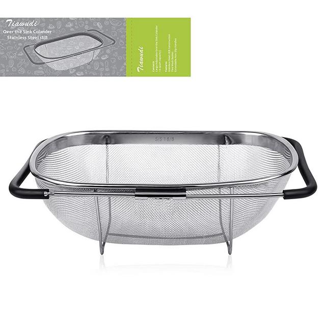 18/8 Stainless Steel Over The Sink Colander with Fine Mesh Strainer Basket & Expandable Rubber Grip Handles - Strain, Drain, Rinse Fruits, Vegetables