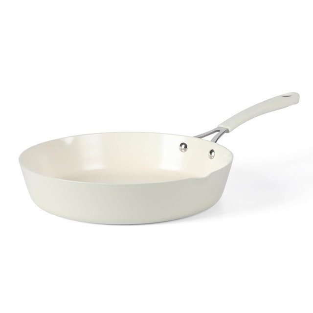 Martha Stewart Heathland 11 Inch Aluminum Fry Pan with Premium Ceramic Non-Stick Coating - Kitchen & Omelet Pan, Linen White, Induction Safe