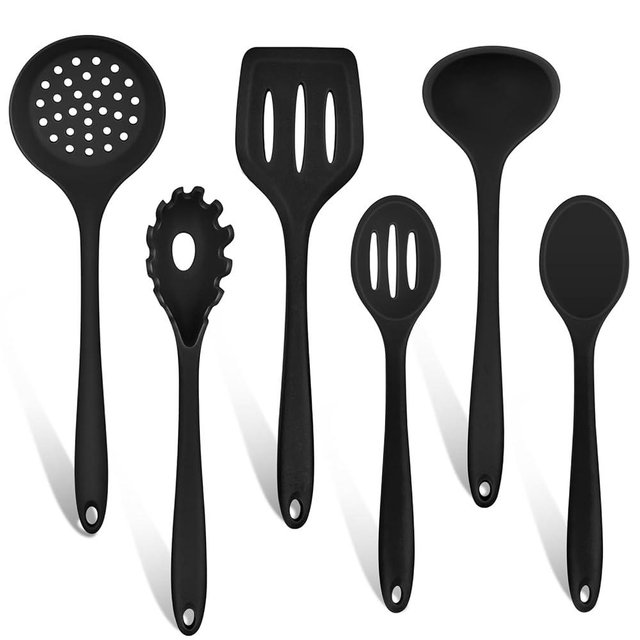 TeamFar Cooking Utensils, Silicone Kitchen Utensils Set of 6, Includes Ladle Spoon Slotted Turner for Non-stick Cookware, Non-Toxic & One-Piece, Anti-Heat & Non-Scratch, Dishwasher Safe, Black