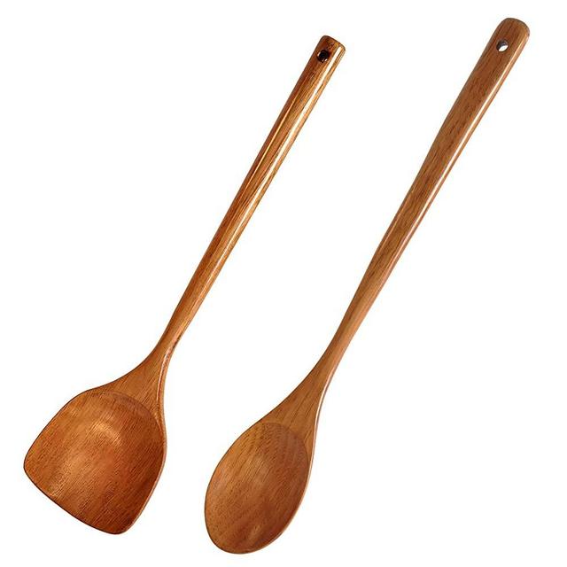 Kitchen Cooking Utensils 2 PCS 16.5inch Long Handle Wooden Spoon Spatula Mixing Spoon and Spatula for Cooking