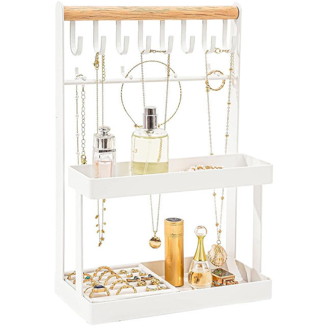 Lolalet 4-Tier Jewelry Organizer, Cute Necklace Holder Stand with 12 Hooks for Teen Girl Aesthetic Room Bedroom Decor -White