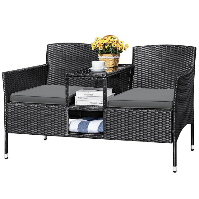 Devoko Outdoor Patio Loveseat Modern Rattan 2-Seat Patio Conversation Set with Cushions & Built-in Coffee Table Porch Furniture for Garden Lawn Backyard (Grey)