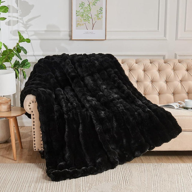 Lotus Karen Faux Fur Throw Blanket Black - Big Bubble Rabbit Fluff Blanket for Couch Bed Sofa,Softest Fluffy Fuzzy Cozy Blanket,Thick Furry Plush Shaggy Warm Blankets for Women,108x90 Inches