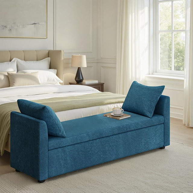 TerraSafe 59.5" Modern Storage Ottoman Bedroom Bench, End of Bed Benches with Arms and Throw Pillows, Footrest Stool for Living, Dining Room, Entryway and Hallway, Teal